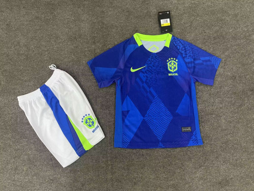 Youth Uniform Kids Kit 2025 Brazil Away Blue Soccer Jersey Shorts Child Football Set
