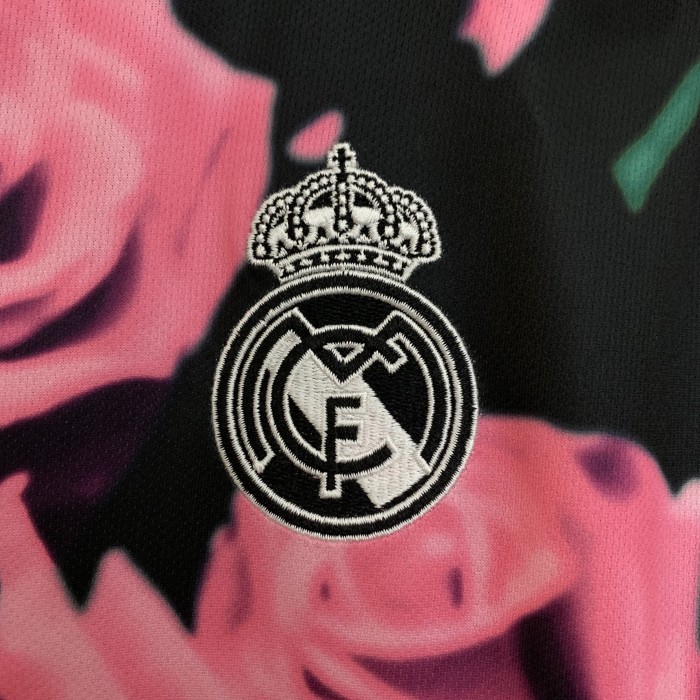 Fans Version 2025-2026 Real Madrid Black/Pink Flower Soccer Jersey Real Football Shirt