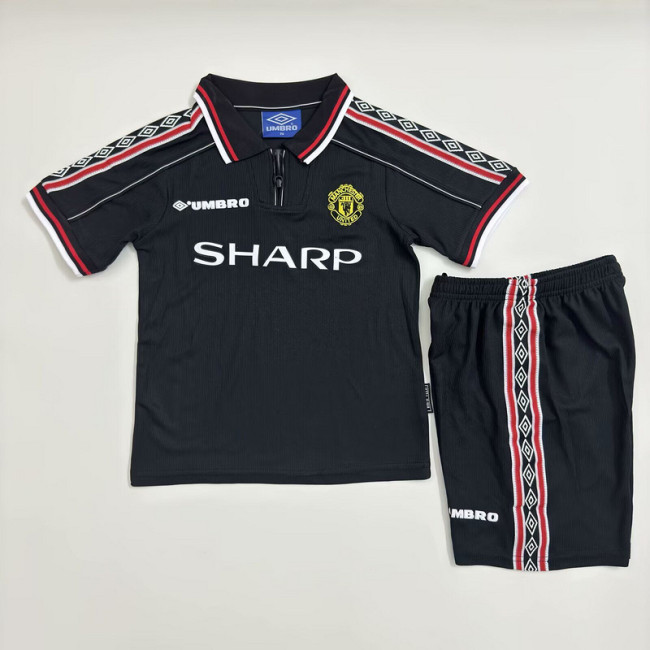 Retro Youth Uniform Kids Kit 1998-1999 Manchester United Black Soccer Jersey Shorts Vintage Child Football Set