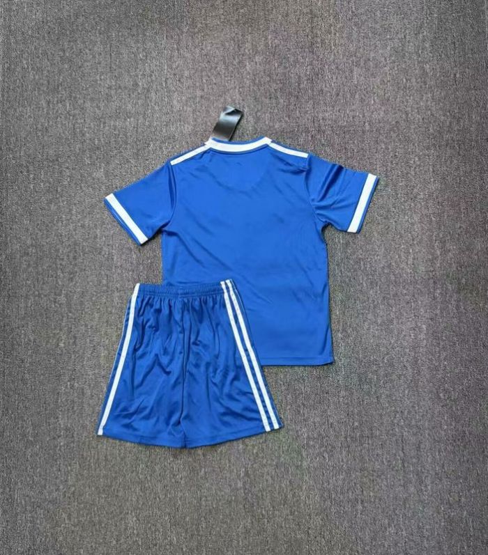 Youth Uniform Kids Kit 2025-2026 Real Madrid Third Away Blue Soccer Jersey Shorts Child Football Set