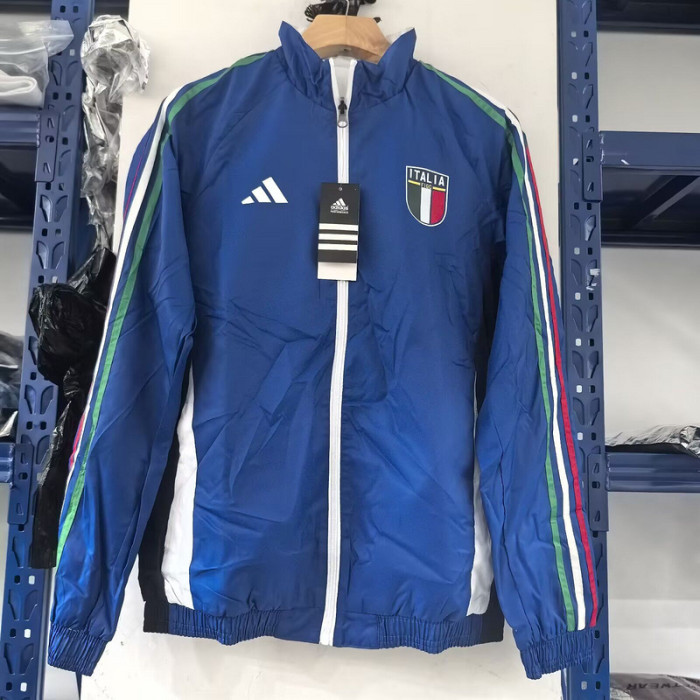 2025 Italy Blue/White Trench Coat Soccer Reversible Windbreaker Jacket