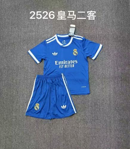 Youth Uniform Kids Kit 2025-2026 Real Madrid Third Away Blue Soccer Jersey Shorts Child Football Set