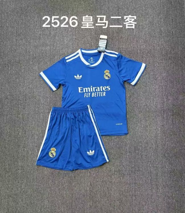 Youth Uniform Kids Kit 2025-2026 Real Madrid Third Away Blue Soccer Jersey Shorts Child Football Set