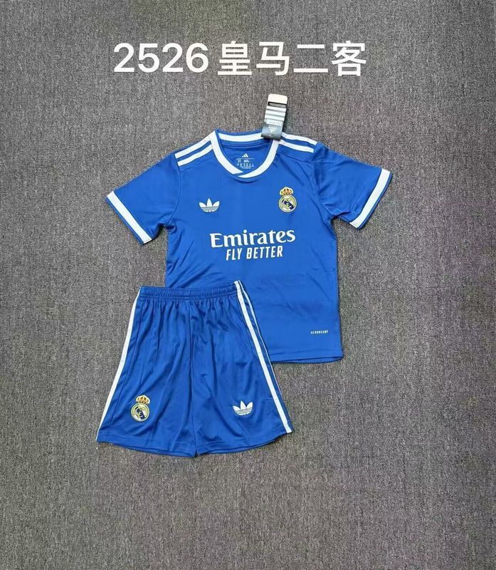 Youth Uniform Kids Kit 2025-2026 Real Madrid Third Away Blue Soccer Jersey Shorts Child Football Set
