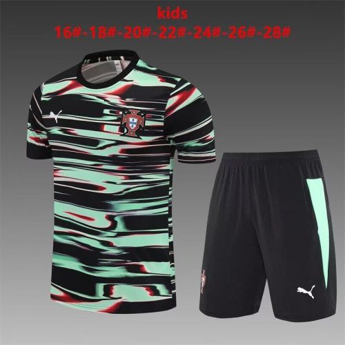 Youth Uniform Kids Kit 2025 Portugal Black/Green Soccer Training Jersey Shorts Child Football Set
