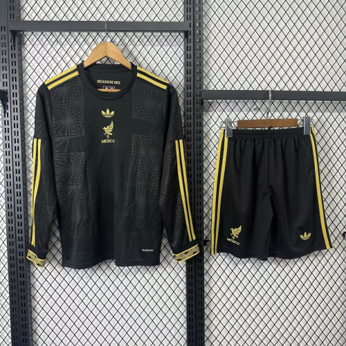 Long Sleeve Youth Uniform Kids Kit 2025-2026 Mexico Black Special Edition Soccer Jersey Shorts Child Football Set