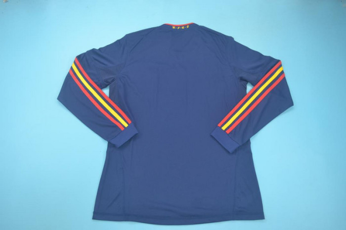 with Front Lettering+World Cup Patch Long Sleeve Retro Jersey 2010 Spain Away Blue Soccer Jersey