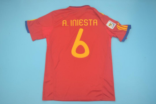 with Front Lettering+World Cup Patch Retro Jersey Spain 2010 A.INIESTA 6 Home Soccer Jersey Vintage Football Shirt