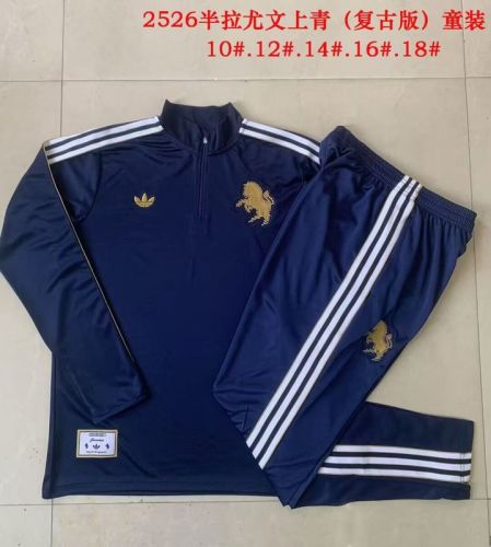 Retro Model Youth 2025-2026 Juventus Dark Blue Soccer Training Sweater and Pants Child Football Kit