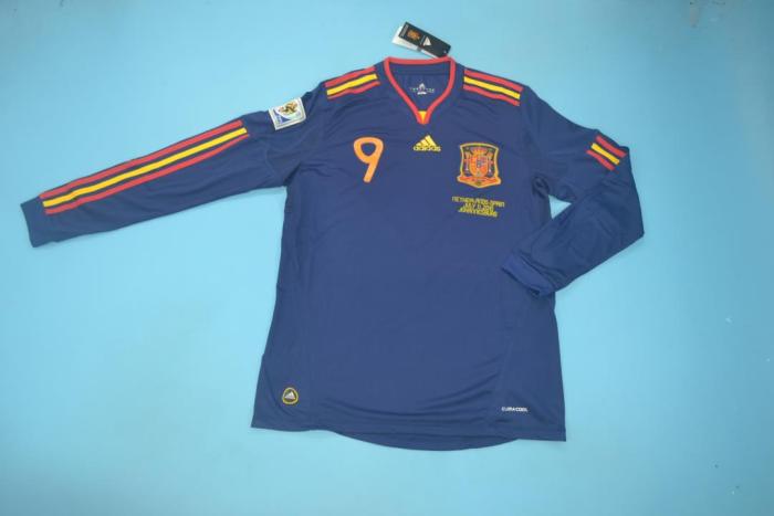 with Front Lettering+World Cup Patch Long Sleeve Retro Jersey 2010 Spain Away Blue Soccer Jersey