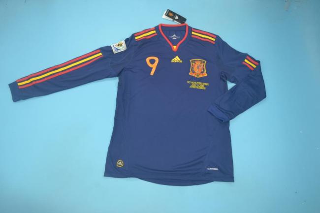 with Front Lettering+World Cup Patch Long Sleeve Retro Jersey 2010 Spain Away Blue Soccer Jersey