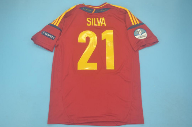 with Euro Patch Retro Jersey 2012 Spain SILVA 21 Home Soccer Jersey Vintage Camiseta de España Football Shirt