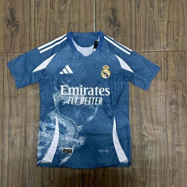 Player Version 2025-2026 Real Madrid Blue/White Dragon Soccer Jersey Real Football Shirt