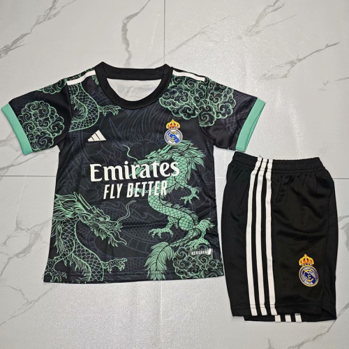 Youth Uniform Kids Kit 2025-2026 Real Madrid Black/Green Dragon Soccer Jersey Shorts Child Football Set