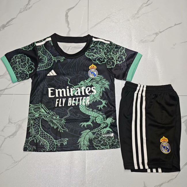 Youth Uniform Kids Kit 2025-2026 Real Madrid Black/Green Dragon Soccer Jersey Shorts Child Football Set