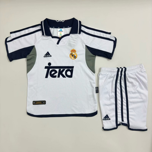 Retro Youth Uniform Kids Kit 2000-2001 Real Madrid Home Soccer Jersey Shorts Vintage Child Football Set