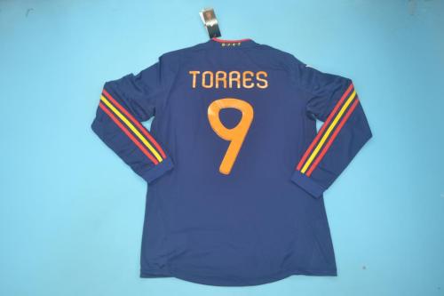 with Front Lettering+World Cup Patch  Long Sleeve Retro Jersey 2010 Spain TORRES 9 Away Blue Soccer Jersey