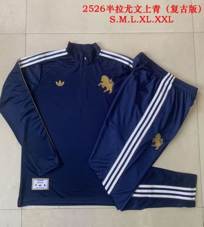 Retro Model 2025-2026 Juventus Dark Blue Soccer Training Sweater and Pants Football Kit