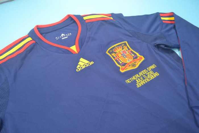 with Front Lettering+World Cup Patch Long Sleeve Retro Jersey 2010 Spain Away Blue Soccer Jersey