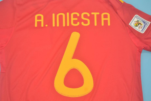 with Front Lettering+World Cup Patch Retro Jersey Spain 2010 A.INIESTA 6 Home Soccer Jersey Vintage Football Shirt