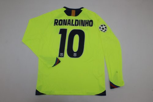with UCL Patch Retro Jersey Long Sleeve 2005-2006 Barcelona RONALDINHO 10 Away Green Soccer Jersey