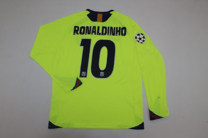 with UCL Patch Retro Jersey Long Sleeve 2005-2006 Barcelona RONALDINHO 10 Away Green Soccer Jersey