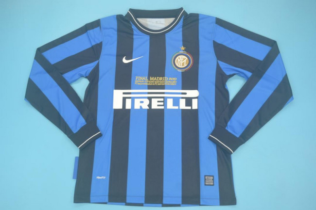 with Front Lettering Retro Jersey Long Sleeve Inter Milan 2009-2010 Home UCL Final Soccer Jersey
