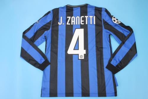 with Front Lettering+Scudetto+UCL Patch Retro Jersey Long Sleeve Inter Milan 2009-2010 J.ZANETTI 4 Home UCL Final Soccer Jersey