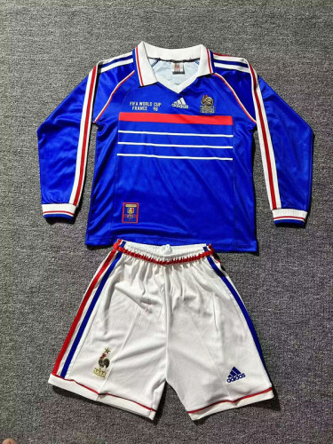 Long Sleeve with Front Lettering Retro Youth Uniform 1998 France Home Soccer Jersey Shorts Vintage Child Football Kit