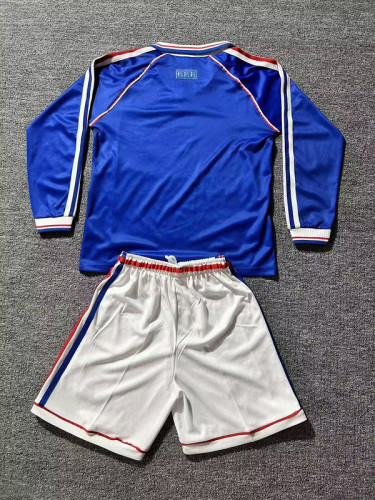 Long Sleeve with Front Lettering Retro Youth Uniform 1998 France Home Soccer Jersey Shorts Vintage Child Football Kit