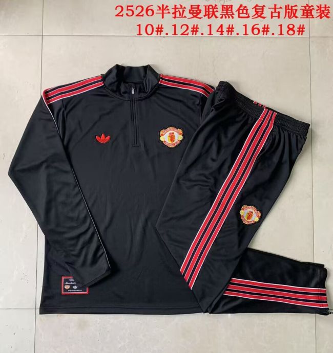Youth 2025-2026 Manchester United Black Soccer Training Sweater and Pants Child Football Kit