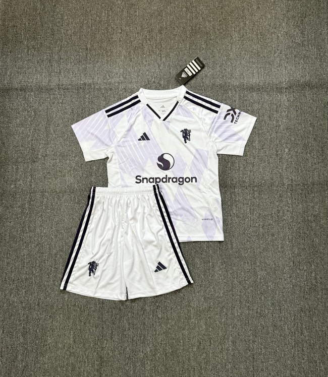 Youth Uniform Kids Kit 2025-2026 Manchester United Away Soccer Jersey Shorts Child Football Set