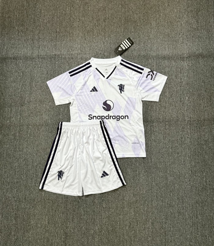 Youth Uniform Kids Kit 2025-2026 Manchester United Away Soccer Jersey Shorts Child Football Set