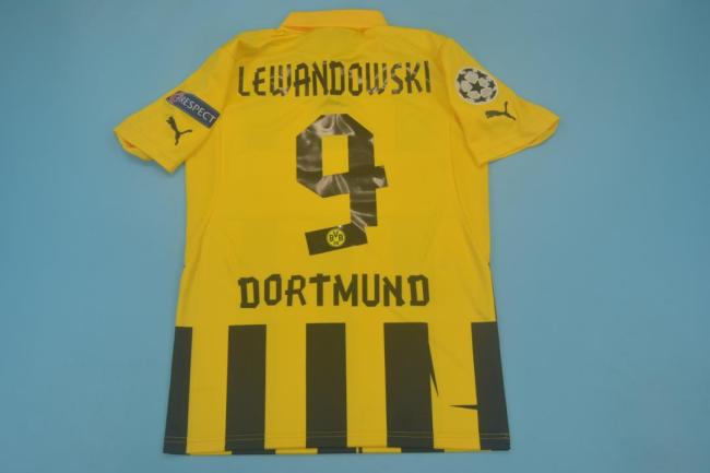 with Front Lettering+UCL Patch Retro Jersey 2012-2013 Borussia Dortmund LEWANDOWSKI 9 Home Soccer Jersey Vintage BVB Football Shirt