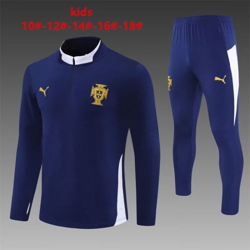 Youth 2025-2026 Portugal Dark Blue Soccer Training Sweater and Pants Child Football Kit