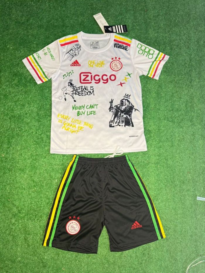 Youth Uniform Kids Kit Ajax 2025-2026 Ajax Bob Marley Edition Soccer Jersey Shorts White Child Football Set