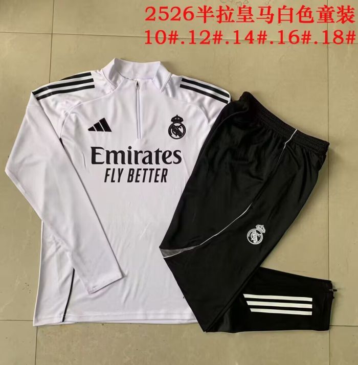 Youth 2025-2026 Real Madrid White Soccer Training Sweater and Pants Child Football Kit
