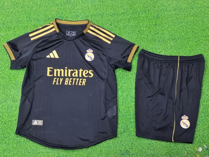 Player Version Youth Uniform Kids Kit 2025-2026 Real Madrid Black Soccer Jersey Shorts Child Football Set