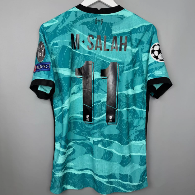 with UCL Patch Retro Jersey 2020-2021 Liverpool M.SALAH 11 Away Green Soccer Jersey Vintage Football Shirt