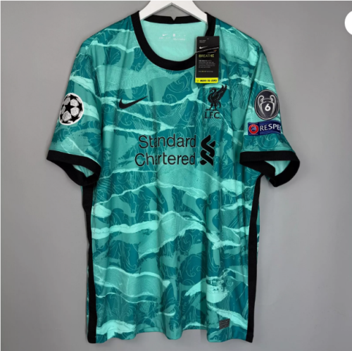with UCL Patch Retro Jersey 2020-2021 Liverpool Away Green Soccer Jersey Vintage Football Shirt