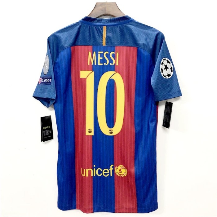 with Golden FIFA+UCL Patch Retro Jersey 2016-2017 Barcelona MESSI 10 Home Blue/Red Soccer Jersey Vintage Football Shirt