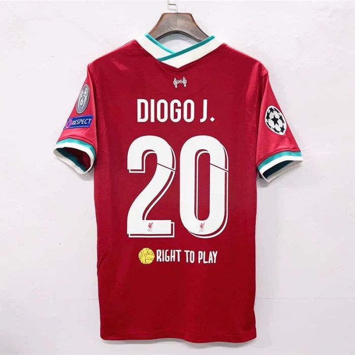 with Golden FIFA+UCL Patch Retro Jersey 2020-2021 Liverpool DIOGO J. 20 Right to Play Home Soccer Jersey Vintage Football Shirt