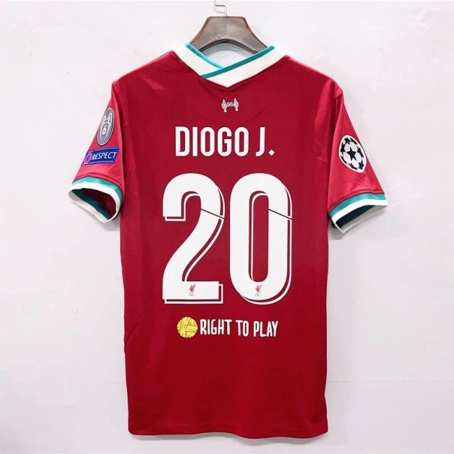 with Golden FIFA+UCL Patch Retro Jersey 2020-2021 Liverpool DIOGO J. 20 Right to Play Home Soccer Jersey Vintage Football Shirt