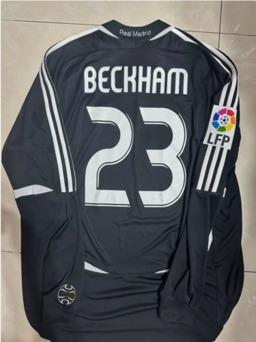 with LFP Patch Long Sleeve Retro Jersey 2006-2007 Real Madrid BECKHAM 23 Away Black Soccer Jersey Vintage Real Football Shirt