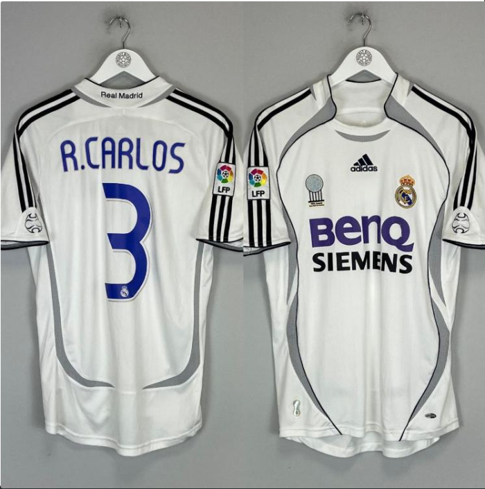 with LFP Patch Retro Jersey 2006-2007 Real Madrid R.CARLOS 3 Home Soccer Jersey Vintage Football Shirt