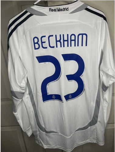with UCL Patch Long Sleeve Retro Jersey 2006-2007 Real Madrid BECKHAM 23 Home Soccer Jersey Vintage Real Football Shirt