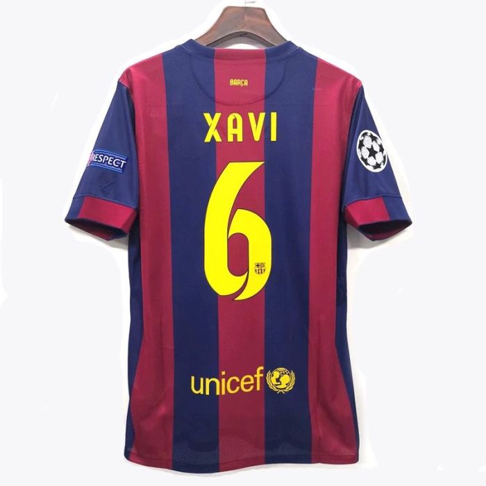 with Front Lettering+UCL Patch Retro Jersey 2014-2015 Barcelona XAVI 6 Home Soccer Jersey