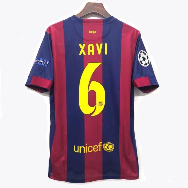 with Front Lettering+UCL Patch Retro Jersey 2014-2015 Barcelona XAVI 6 Home Soccer Jersey