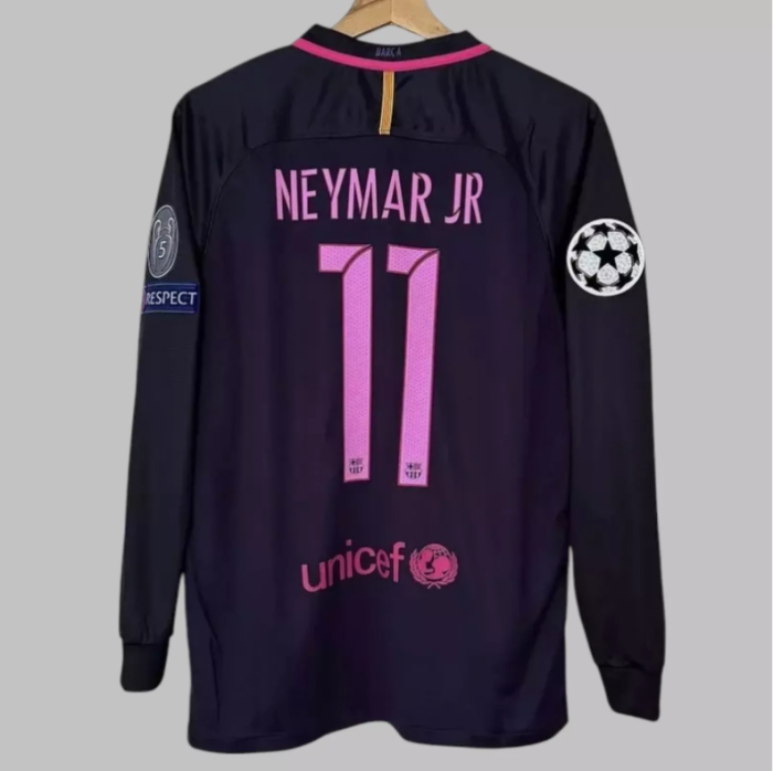 with Golden FIFA+UCL Patch Long Sleeve Retro Camisetas de Futbol 2016-2017 Barcelona NEYMAR JR 11 Away Purple Soccer Jersey