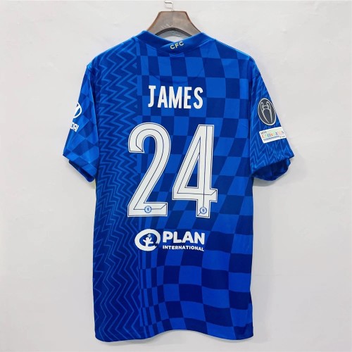 with Golden FIFA+UCL Patch Retro Jersey 2021-2022 Chelsea JAMES 24 Home Blue Soccer Jersey Vintage Football Shirt